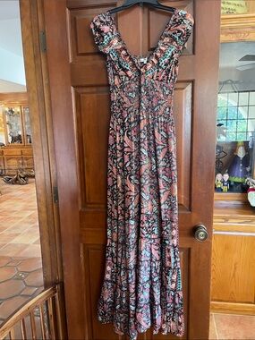 Karma Highway Boho Paisley Floral Block Print Smocked Maxi Dress Sweetheart O/S